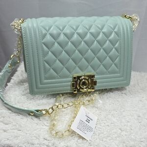 Mint Diamond-Quilt Shoulder Bag • Gold Detail